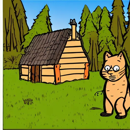 Image similar to a illustration of a Eerie cabin in the middle of the woods in the style of a Garfield comic