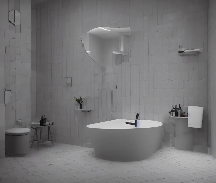 Image similar to isometric modern bathroom in wall tiles, gloomy and foggy atmosphere, octane render, artstation trending, horror scene, highly detailded