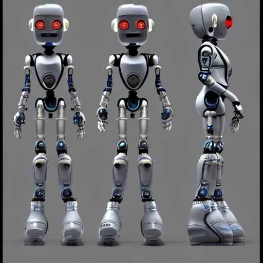 Prompt: A cute robot, weta digital character model sheet turnaround, studio, trending in Artstation, official media, 4K HD, by Bill Presing