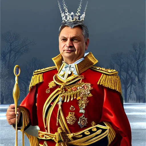 Image similar to an extremely realistic portrait depicting the coronation of hungarian prime minister viktor orban dressed in royal national costume, on the frozen danube, detailed, intricate, elegant, highly detailed, digital painting, artstation, concept art, smooth, sharp focus, illustration,