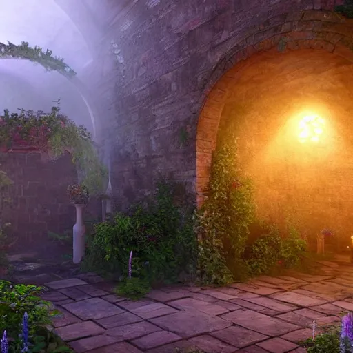 Image similar to medieval mystery garden very detailed unreal engine volumetric light hyper realistic art station