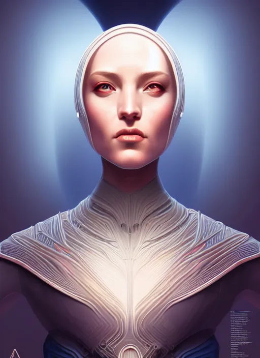 Image similar to portrait of female android, symmetry, intricate, elegant, highly detailed, smooth, sharp focus, concept art, digital painting, illustration, artstation, by fra angelico and greg ruthkowski