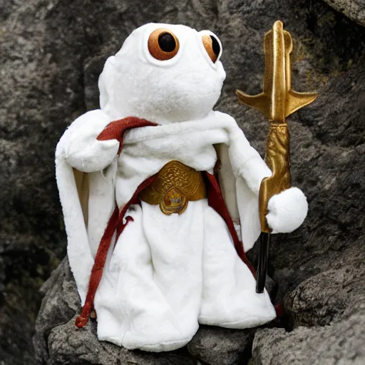 Image similar to a huggable white plush frog paladin cleric wearing a wolf pelt as a hooded cape and sketchbook and pencil while exploring a cave, photorealistic, nature, photography, national geographic, sesame street