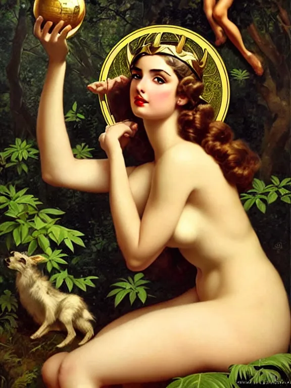 Image similar to Ana de armas as Artemis the Greek goddess of the hunt, a beautiful art nouveau portrait by Gil elvgren, Moonlit forest environment, centered composition, defined features, golden ratio, silver jewelry