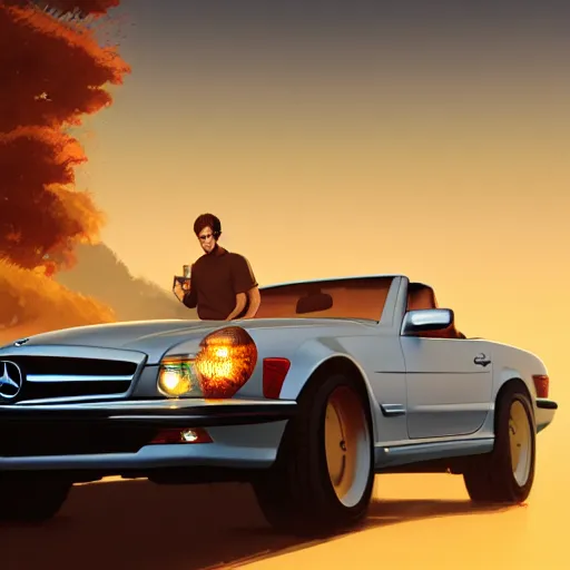 Image similar to detailed intricate digital illustration by greg rutkowski and artgerm and wlop and sanford robinson gifford ; steve jobs driving mercedes sl ; 1 3 mm film, arri alfa anamorphic lens ; sharp focus ; golden hour, trending on artstation 8 k