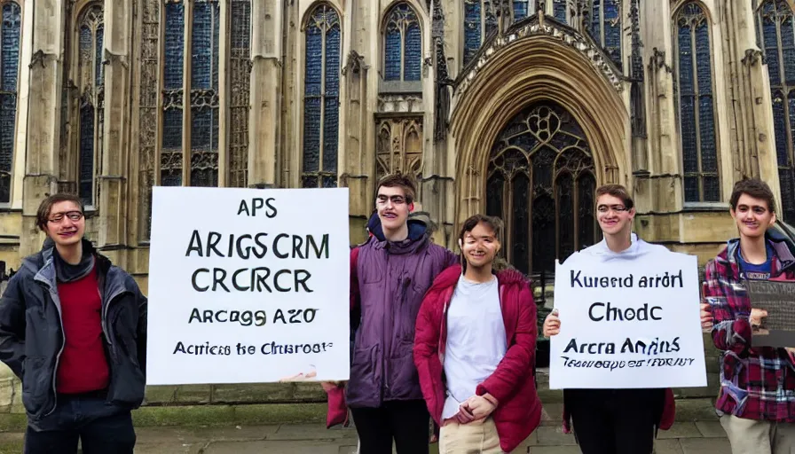 Prompt: A group of students stands in front of the Kings College chapel in Cambridge, holding a sign that says ARCSOC 2022–23