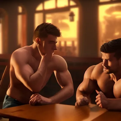 Image similar to cinematic scene with attractive muscular male and another attractive muscular male, drinking their hearts out, in the pub, very detailed, volumetric lighting, still frame