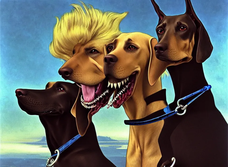 Image similar to realistic detailed portrait movie shot of an elegant blond male vampire with a doberman on a leash, sci fi landscape background by denis villeneuve, amano, yves tanguy, alphonse mucha, max ernst, caravaggio, roger dean, masterpiece, rich cold moody colours, dog teeth, blue eyes