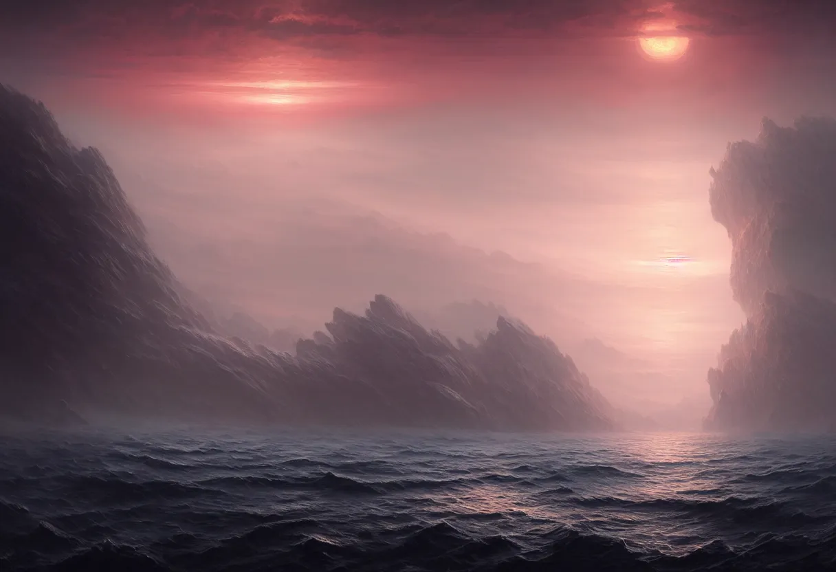 Prompt: strange sea surface of autumn planet at sunset, ultra high definition, ultra detailed, symmetry, fog, matte painting, by greg rutkowski and ross tran and wlop