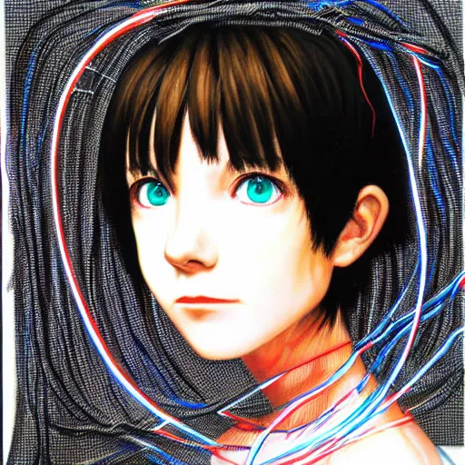 Prompt: pure evil lain with hundreds of wires coming out of her head, portrait, painting