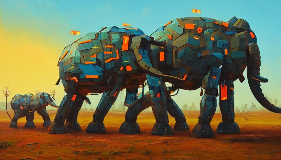 Image similar to an intricate oil painting of a giant south african armored elephant shaped scrap metal mecha by simon stalenhag, yellow, orange and cyan paint decals