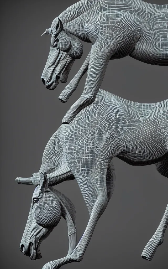 Image similar to intricated scientific medical 3d animation of the muscles and veins of a centaur horse plastic rim light detailed in mud 3d octane render