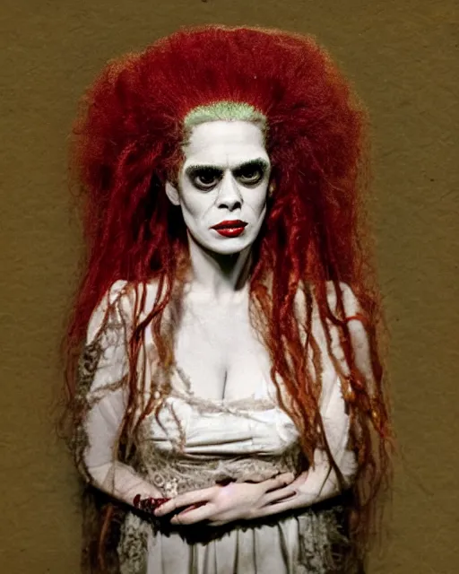 Prompt: an instant photo of a beautiful but sinister ghost bride of frankenstein in layers of fear, with haunted eyes and wild blonde hair, 1 9 7 0 s, seventies, woodlands, delicate embellishments, a little blood, crimson, painterly, offset printing technique, mary jane ansell