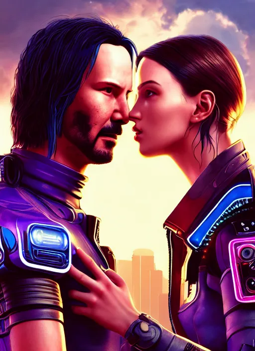 Image similar to a cyberpunk 2077 couple portrait of Keanu Reeves&female android in kiss,love,film lighting,by Laurie Greasley,Lawrence Alma-Tadema,Dan Mumford,artstation,deviantart,FAN ART,full of color,Digital painting,face enhance,highly detailed,8K,octane,golden ratio,cinematic lighting