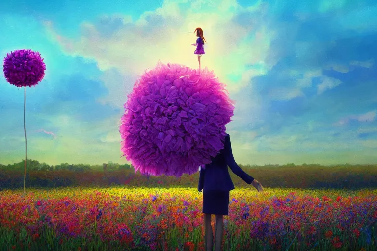 Prompt: closeup, giant flower head, girl in suit floating above field of flowers, surreal photography, sunrise, blue sky, dramatic light, impressionist painting, digital painting, artstation, simon stalenhag