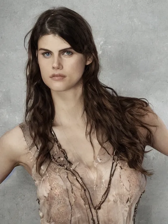 Prompt: hyperdetailed close shot of alexandra daddario, fashion, venus, with ripped crop t - shirt, fine - face, pretty face