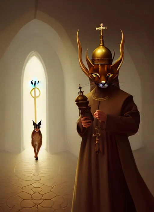 Image similar to surrealistic portrait of cute fluffy anthropomorphic caracal as orthodox priest in golden clothes, caracal head, wearing vr, in orthodox church at background, dynamic lighting, darkness, ambients, dramatic, foggy, heavy bokeh and blur, cinematic, depth of field, art by bussiere rutkowski andreas rocha
