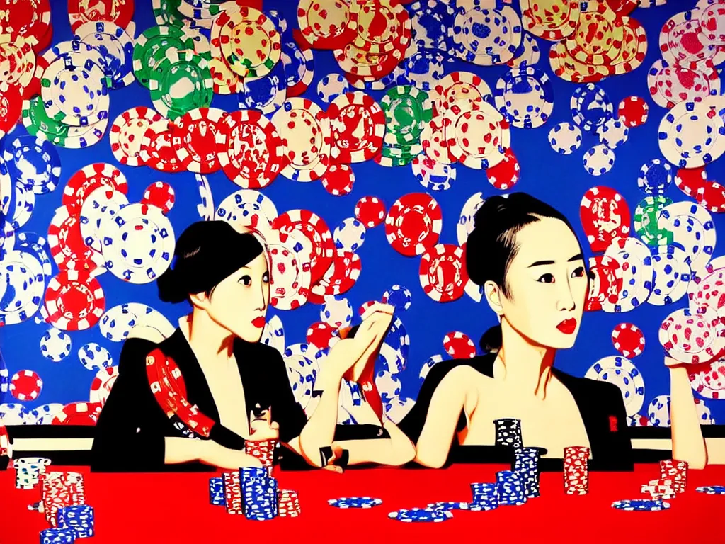 Image similar to hyper - realistic composition of a room with an extremely detailed poker table, croupier in traditional japanese kimono standing nearby fireworks in the background, pop art style, jackie tsai style, andy warhol style, acrylic on canvas