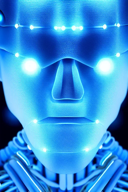 Image similar to hyperrealistic close-up blue glow exoskeleton!! sad chinese man covered highly detailed concept art eric zener elson peter cinematic side soft yellow light high angle hd 8k sharp shallow depth of field