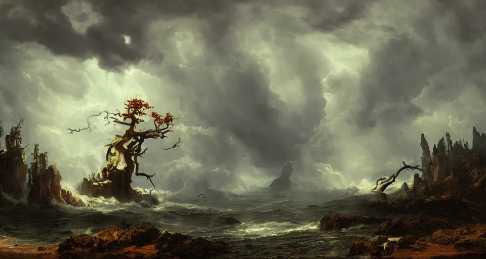 Image similar to eldritch, flying island, windy, by eugene von guerard, ivan shishkin, night, red lightning!!, storm!, dramatic lighting, concept art, trending on artstation, 8 k