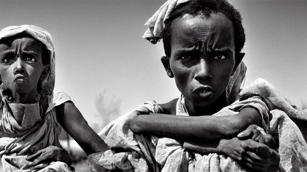 Prompt: 1984 Ethiopian famine and drought, atmospheric, portrait, movie scene, hd, 4k