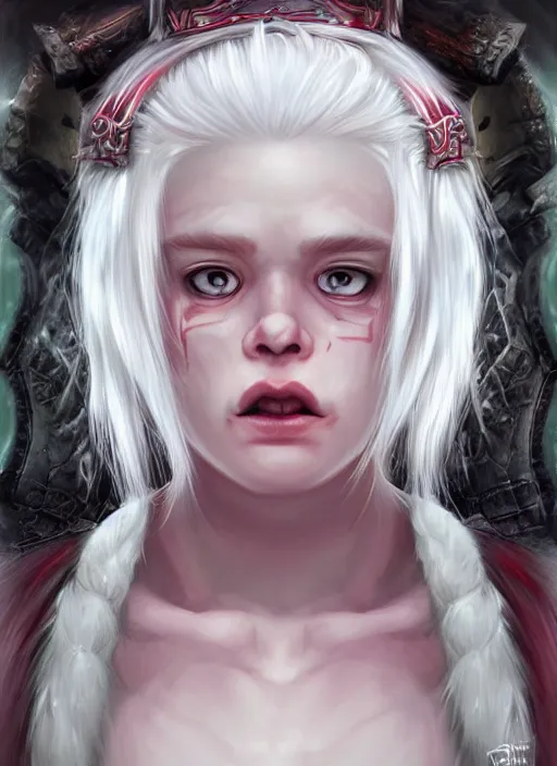 Prompt: dwarf with white hair, red iris, long beard, pale snow white skin, albino full body character portrait, colorful, highly detailed, digital art by artgerm