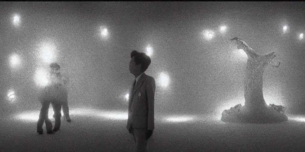 Image similar to light coming out of one starfish - like kaiju anthropomorphic monster, korean film noir by kim jong - il, korean traditional palace, pyongyang city, 1 9 6 0 s, red color bleed, 4 k, video compression, video glitch, monochrome, akira kurosawa, mamoru oshii, wes anderson, stanley kubrick