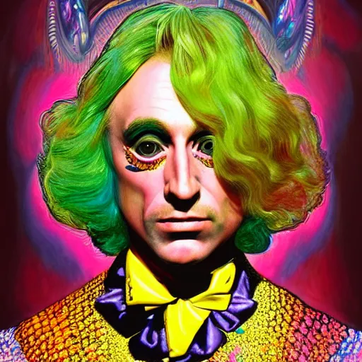 Image similar to an extremely psychedelic portrait of willy wonka as lady gaga, surreal, lsd, face, detailed, intricate, elegant, lithe, highly detailed, digital painting, artstation, concept art, smooth, sharp focus, illustration,