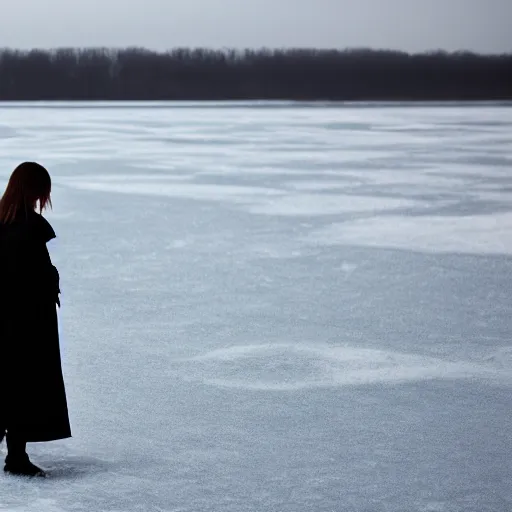 Image similar to a tall white girl with black hair and bangs wearing a black winter coat photographed in front of a frozen lake in Denmark, foggy blue weather, hd, 8k,