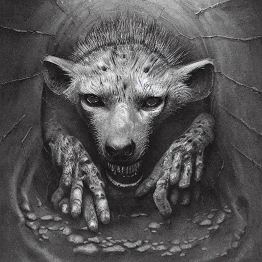 Image similar to spider morphed with a hyena, in sewer, highly detailed beksinski art
