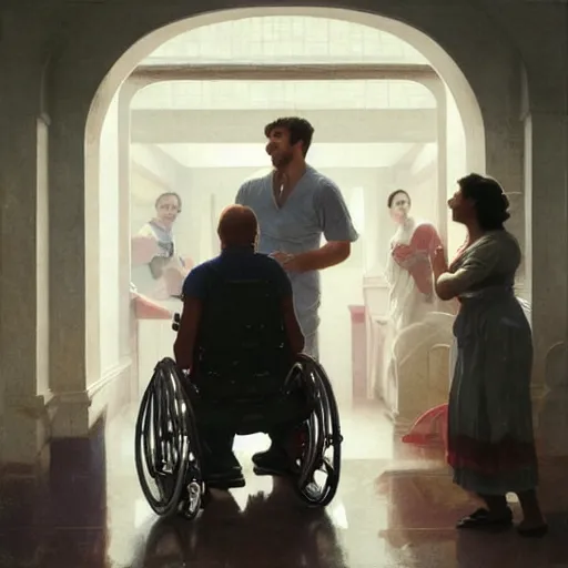 Image similar to a male patient in a wheelchair in the hospital with his wife and son standing by. happy, cheerful, smiling, intricate, face enhance, cinematic lighting, featured in artistation, 8 k, art by greg rutkowski, william adolphe bouguereau