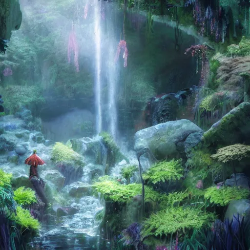 Image similar to an hidden waterfall, beautiful, atmosphere, vibe, mist, foam, puddles, fern, flowers, concept art illustration, color page, tone mapping, akihiko yoshida, james jean, andrei riabovitchev, marc simonetti, digital illustration, greg rutowski, volumetric lighting, sunbeams, particles