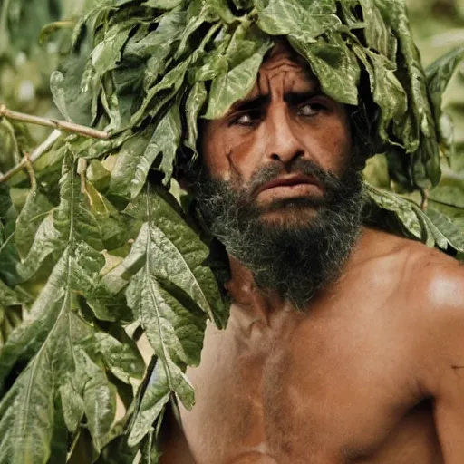 Image similar to cinematic still of hiding middle eastern skinned frightened man wearing fig leaves for clothing, paradise background, from Biblical epic by Steven Spielberg