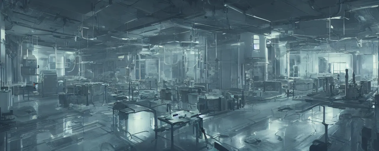 Image similar to interior of a lab with a reactor in the middle of the room and lots of wirings hanging from ceiling and pipes in the walls with big exhaust fan on the wall scifi, 8 k uhd, unreal engine, octane render in the artstyle of finnian macmanus, john park and greg rutkowski
