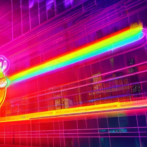 Image similar to rainbow hamster!! in a cyberpunk! city, neon lights, light reflection, logo, 8 k, hd