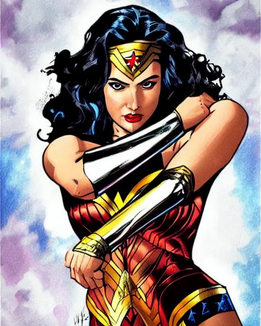 Image similar to wonderwoman portrait with mix of gal Gadot and Linda Carter in frank Miller Alex Ross style detailed