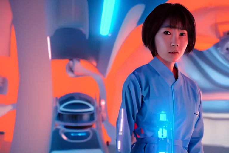 Image similar to an 8 k photograph depicting haruka abe wearing an orange prison jumpsuit. behind her a blue holographic face hangs in the air, dominating the background scene. futuristic medical equipment surrounds haruka abe. cinematic lighting, soft focus, panavision camera, sci fi, futuristic,