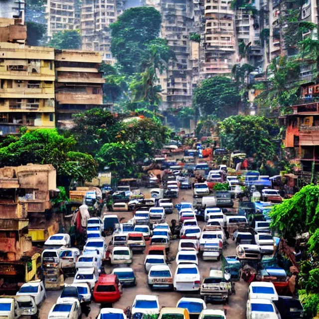 Image similar to streets of mumbai, 2 0 7 0, mossy buildings, high fidelity, uncompressed png, indian caravans