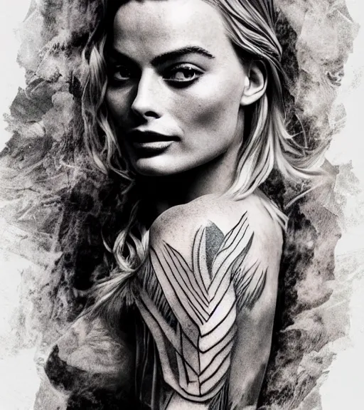 Image similar to tattoo design sketch double exposure of margot robbie with beautiful mountain scenery mash up, in the style of arlo dicristina, surrealist, amazing detail, sharp