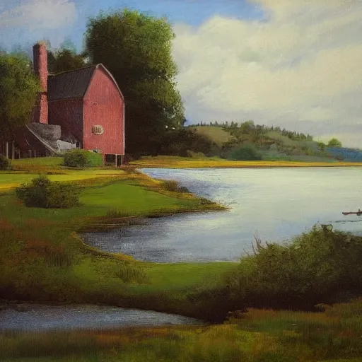 Image similar to farmhouse beside a lake, felix Kelly, trending on artstation