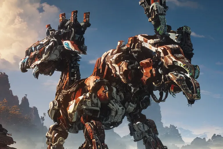 Image similar to rockbreaker machine mecha animal beast robot of horizon forbidden west horizon zero dawn bioluminiscence global illumination ray tracing hdr fanart arstation by sung choi and eric pfeiffer and gabriel garza and casper konefal