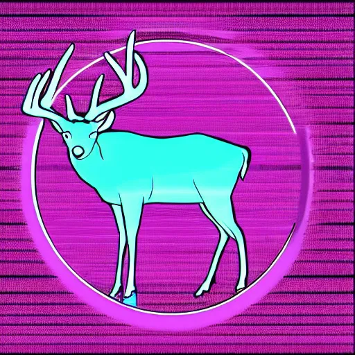 Image similar to logo for corporation called protoneo that involves deer head, symmetrical, retro pink synthwave style, retro sci fi