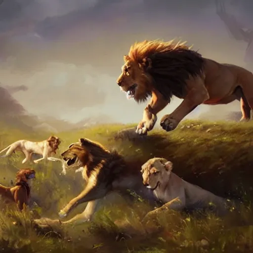 Prompt: 100 dogs fight against 10 lions, oil painting, style of by Jordan Grimmer and greg rutkowski,