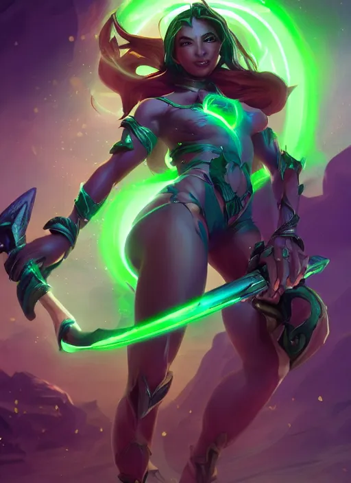 Image similar to senna from league of legends, au naturel, holding a giant weapon, brown skin, with abs, glowing green neon eyes, digital art, trending in artstation, cinematic lighting, studio quality, smooth render, unreal engine 5 rendered, octane rendered, art style by klimt and nixeu and ian sprigger and wlop and krenz cushart