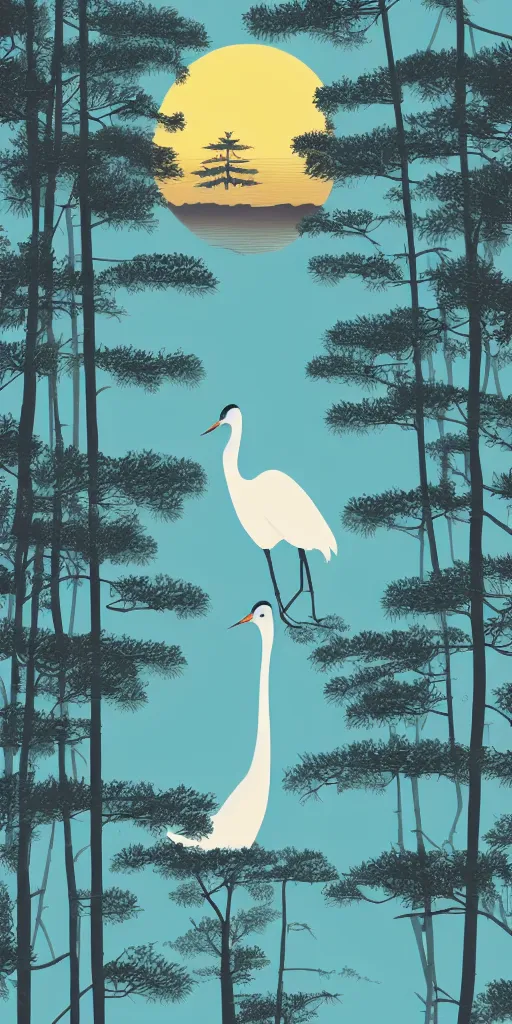 Image similar to a portrait of japanese crane waiting on a lake next to a forest of japanese pines, a big red sun in the background, logo design, fresh modern style, thick vector line art, made with photoshop, stunning