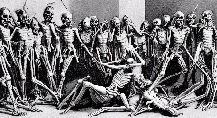 Image similar to photo of undead skeletons performing a sacred blasphemous mind-bending ritual, style of Wayne Barlowe, lavish rococo baroque setting, fashion-photography, unholy ceremony, sacrilegious rite, evil, menacing, ominous, threatening, sinister, malevolent. Highly-detailed, photographic, cinematic, dramatic, establishing shot