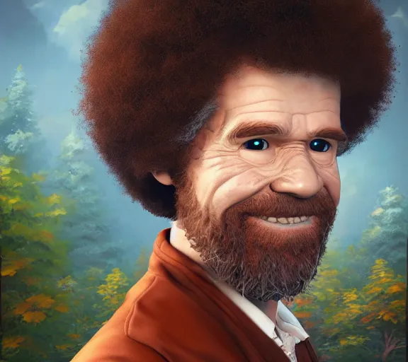 Prompt: epic fantasy comic book style portrait painting of an extremely cute and adorable very beautiful bob ross covered in leaves, character design by mark ryden and pixar and hayao miyazaki, unreal 5, daz, hyperrealistic, octane render, cosplay, rpg portrait, dynamic lighting, intricate detail, summer vibrancy, cinematic