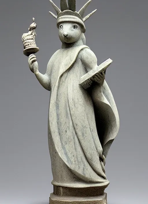 Image similar to A marble statue of a squirrel holding an acorn in the style of Statue of Liberty. museum photo