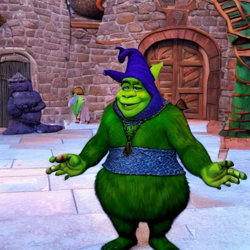 Image similar to shrek dressed as a wizard