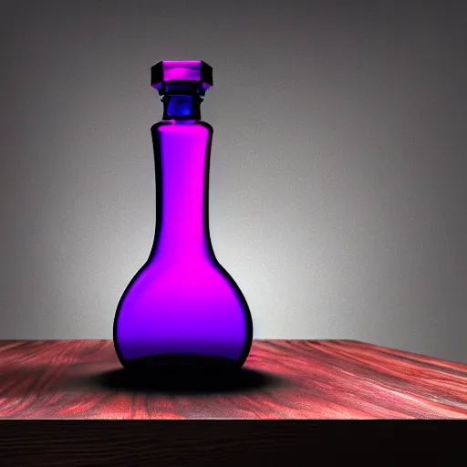 Image similar to hyper realistic deadly poison bottle, purple liquid inside on a wood table. the bottle is design like a trendy perfume bottle. background is a dark ancient laboratory complex architecture mossy stone pilars. professional digital art, dnd style, ultra detailed, trending on artstation, concept art, octane render, unreal engine 5, 8 k rendering.